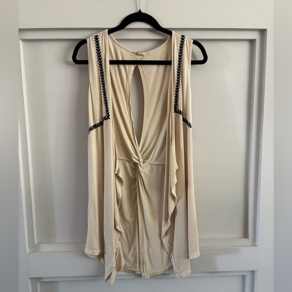 Cream Sleeveless Open Back Top with Black Accents